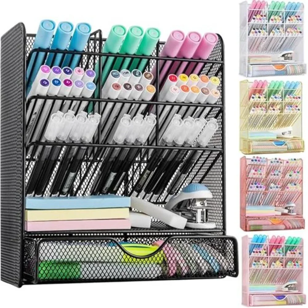 Metal Pen‎ Organizer with Drawer: Black Desk Organizer for School & Home
